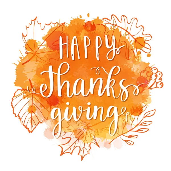 Happy Thanksgiving Lettering Frase Coroa Folha Outono Aquarela Imitação Fundo —  Vetores de Stock