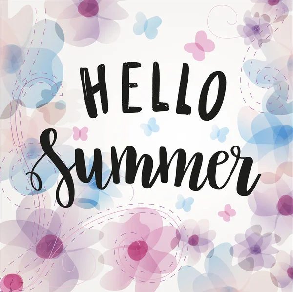 Hello Summer Hand Written Lettering Vector Illustration Watercolor Imitation Floral — стоковый вектор