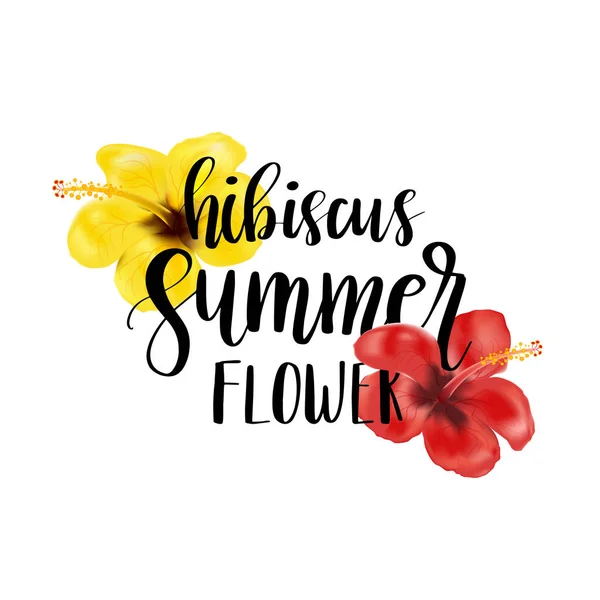 Summer Card Lettering Floral Composition Red Yellow Hibiscus Flowers Greeting — Stock Vector