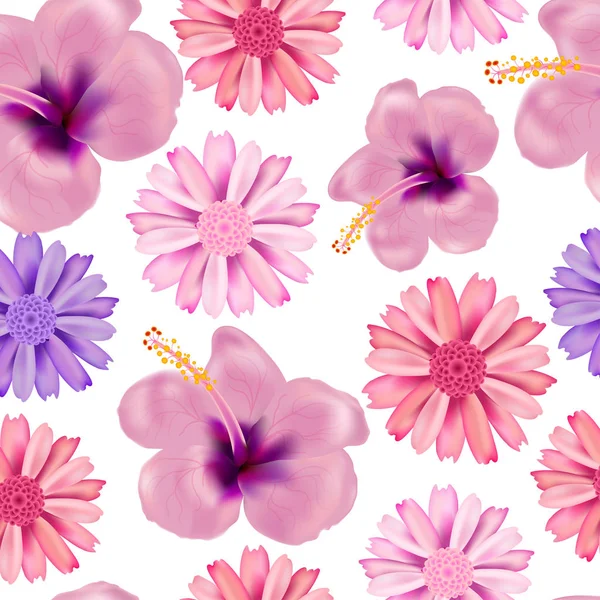Mooie Naadloze Vector Floral Zomer Patroon Met Hibiscus Daisy Dahlia — Stockvector