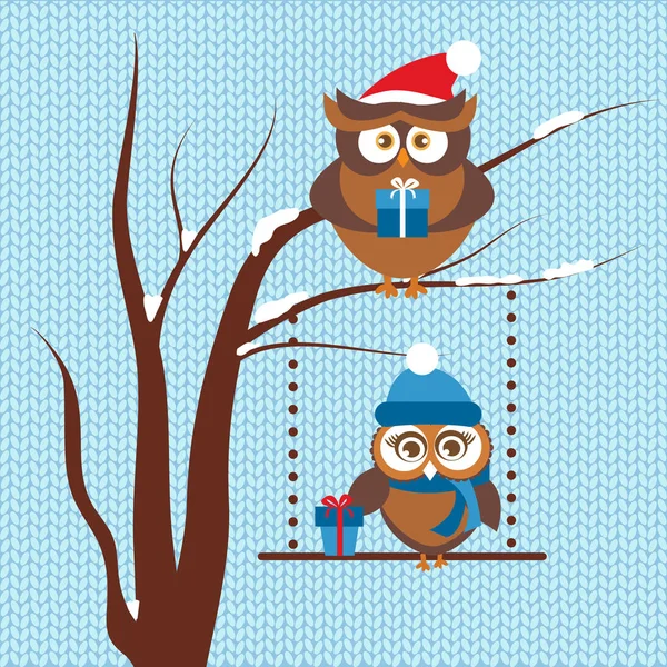 現在の箱を持って冬の帽子でかわいいフクロウのカップルとクリスマスのグリーティング カードのテンプレートです 鳥が木の枝の上に座って クリスマスと新年のデザインのベクトル図 — ストックベクタ