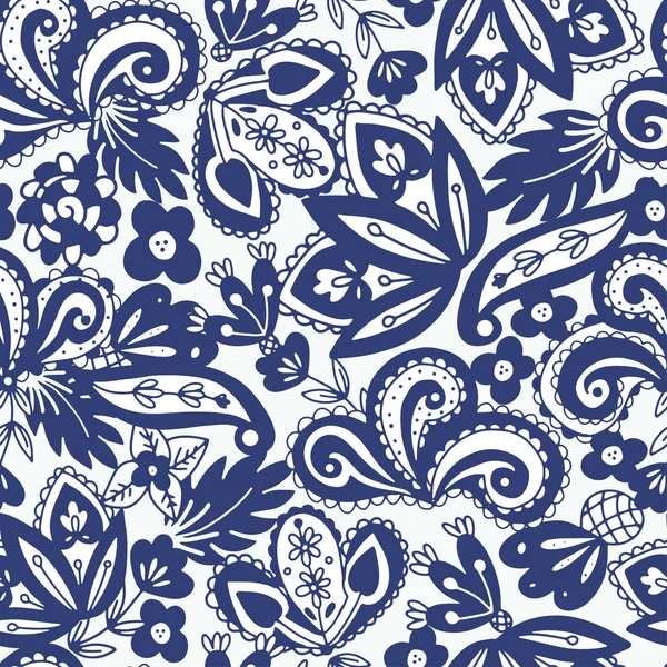 在佩斯利风格的蓝色和白色的民族无缝模式 锦缎或部落印刷设计为网络 纺织品 墙纸和更多 — 图库矢量图片