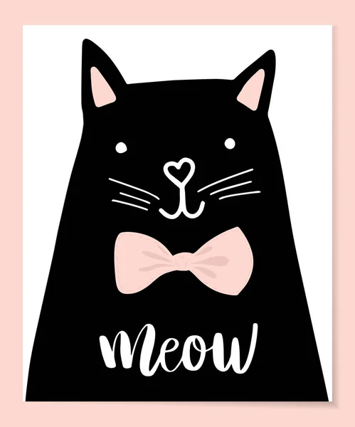 Zwarte Kop Van Cute Cat Met Hand Belettering Woord Meow — Stockvector
