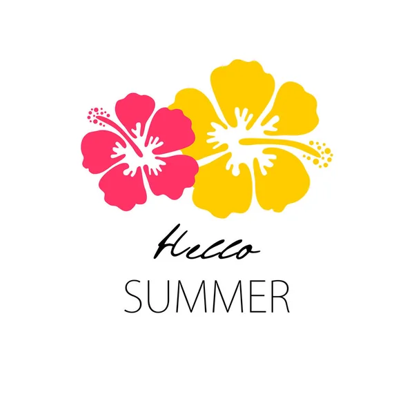 Hello Summer Lettering Card Vector Illustration Hibiscus Print — Stock Vector