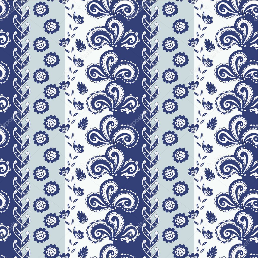 Striped seamless pattern with damask and paisley elements. Damask seamless pattern, paisleys, leaves stripes, gypsy and ethnic motifs. White navy and light blue colors.