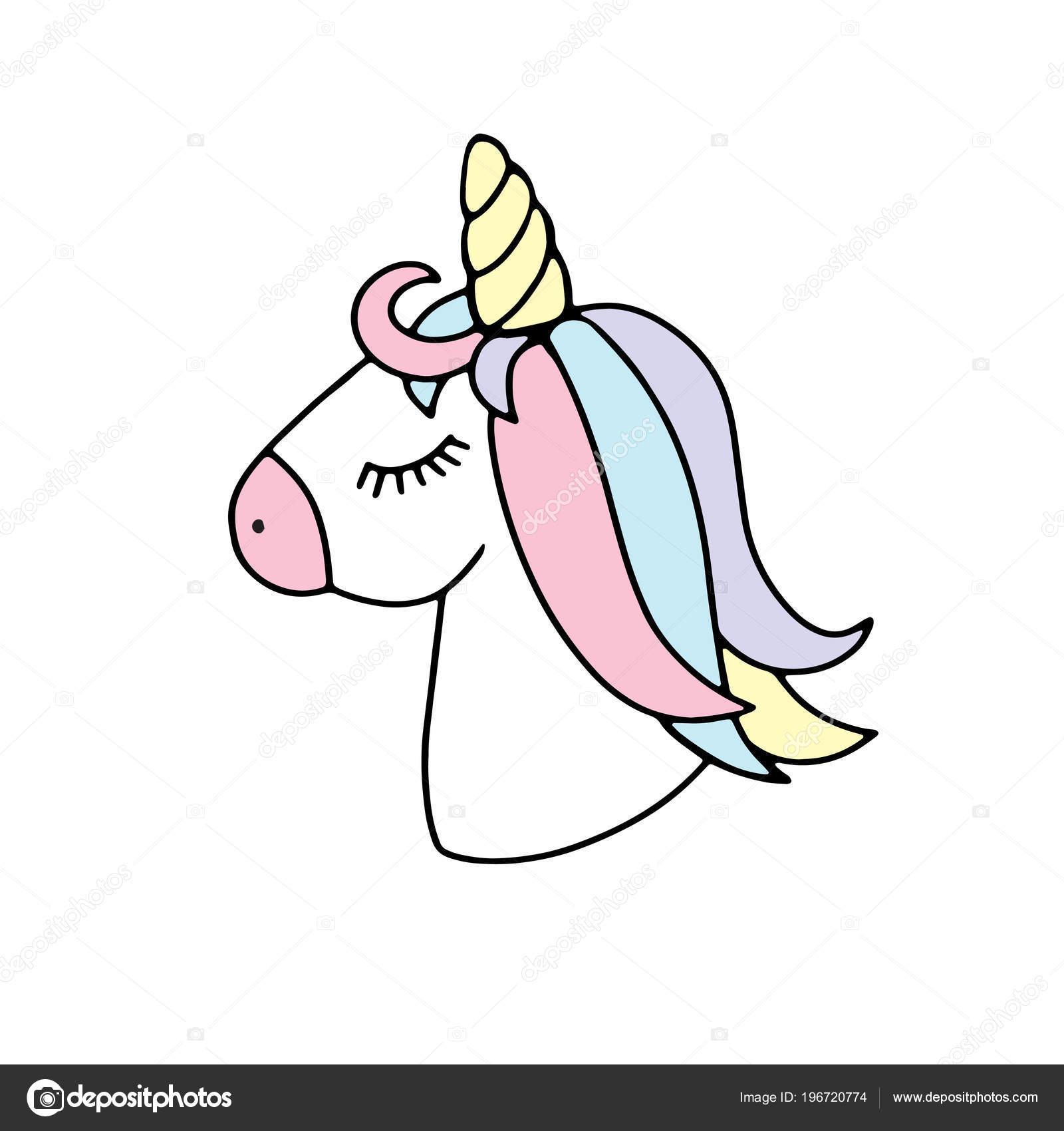 Funny Cute Cartoon Unicorn Face Multicolored Glow Hair Closed Eye Stock