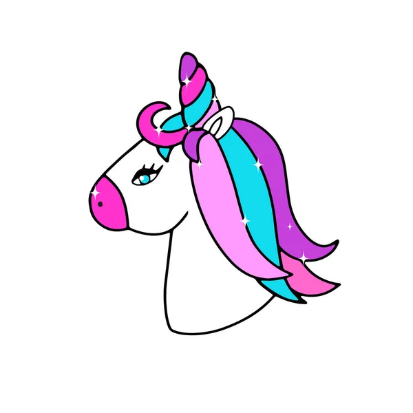 Drôle Mignon Dessin Animé Licorne Visage Avec Multicolore Lueur Cheveux — Image vectorielle