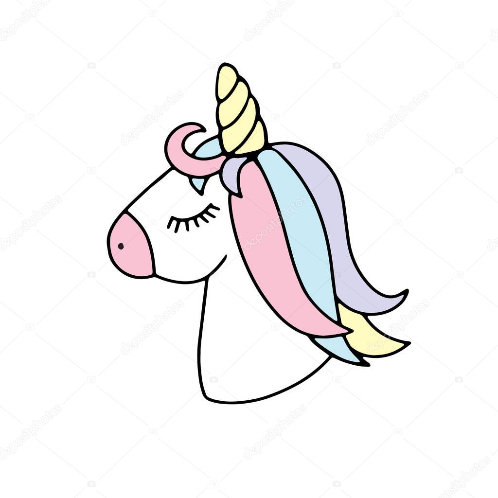 Funny cute cartoon unicorn face with multicolored glow hair and closed eye. Can be used for textile, ptints, child clothing and more