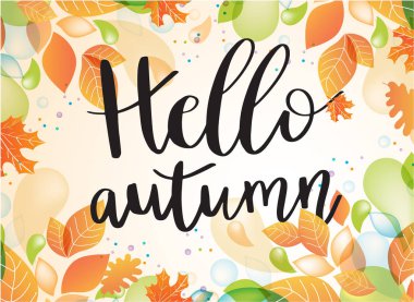 Merhaba sonbahar hat alıntı adresinden arka plan yaprakları ve meyveleri alışveriş satış veya promosyon posteri, kartı, web afiş ile süsleyin. Metin yazı ile vektör çizim şablonu.