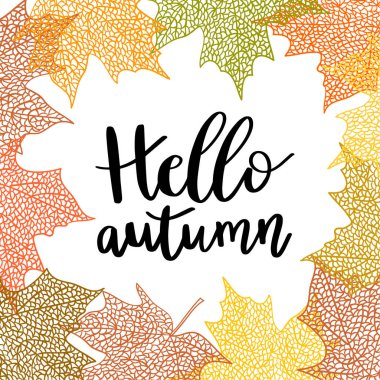 Merhaba hat alıntı adresinden beyaz arka plan süslemeleri ile Akçaağaç Sonbahar yaprakları alışveriş satış veya promosyon posteri, kartı, web afiş için. Metin yazı ile vektör çizim şablonu.