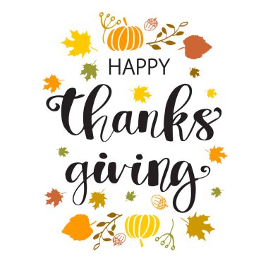 Elle çizilmiş Şükran Günü tipografisi posteri. Kartpostal, ikon ya da rozet için böğürtlen ve yapraklarla kutlama metni. Vektör kaligrafi harfi, tatil alıntısı
