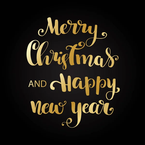 Gold Merry Christmas Happy New Year Brush Lettering Text Black — Stock Vector
