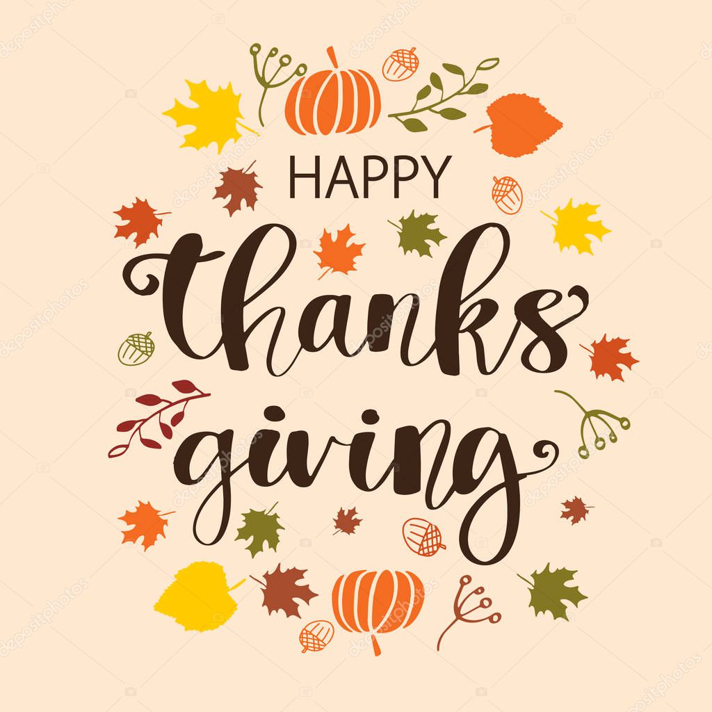 Hand drawn Happy Thanksgiving typography poster. Celebration text with berries and leaves for postcard, icon or badge. Vector calligraphy lettering holiday quote