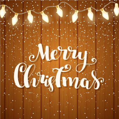 Kar taneleri ve metin mutlu Noeller yazı ile ışıkları ile ahşap plakalar arka plan