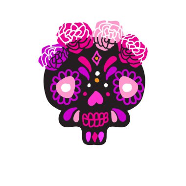 Renkli pembe mor ve siyah Meksika şeker kafatası doodle simgesi. Gün beyaz arka plan üzerinde ölü sembolü