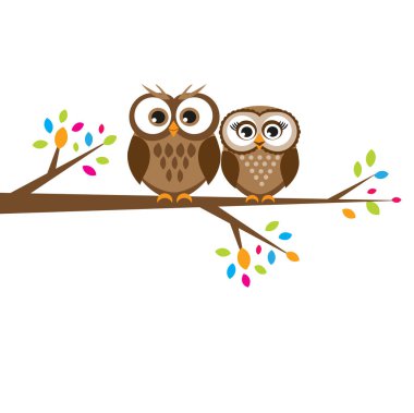İki sevimli kahverengi baykuşlar ağaç dalı. Vektör illustation tebrik kartı, davet, tekstil, afiş, web ve baskı tasarımı için