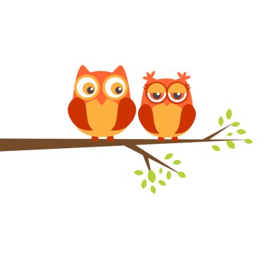 Ağaç dalı üzerinde iki sevimli brighyowls. Vektör illustation tebrik kartı davetiye, tekstil, afiş, web ve baskı tasarımı için