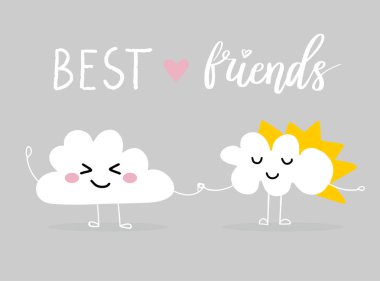 İki bulutlar tarafından elele. Mutlu güler yüz. Sevimli çizgi film karakteri. En iyi dostlar