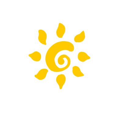 El güneş simge vektör çizim çekilmiş. Logo veya iş işareti tasarım. Beyaz arka plan üzerinde izole sarı sembol