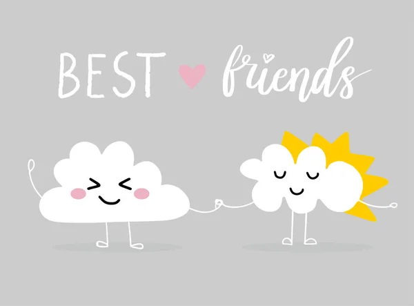 Dos Nubes Cogidas Mano Feliz Cara Sonriente Lindo Personaje Dibujos — Vector de stock