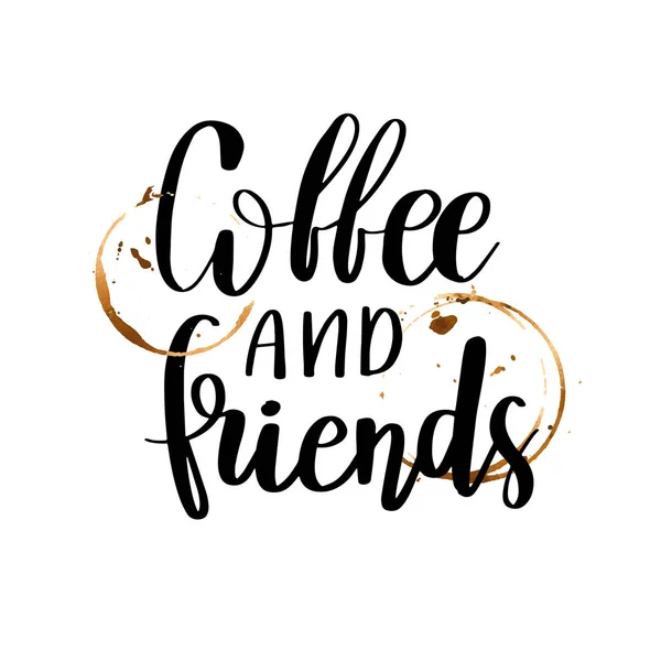 Coffee Friends Postcard Ink Illustration Modern Brush Calligraphy Isolated White — Stock Vector