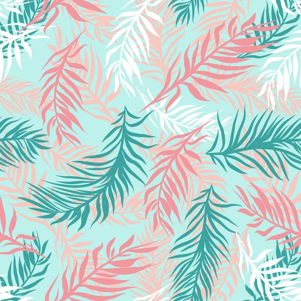 异国情调的树叶 雨林植物的背景 无缝手绘制的热带图案 在现代的粉红色和蓝色的颜色 矢量背景可用于服装 — 图库矢量图片