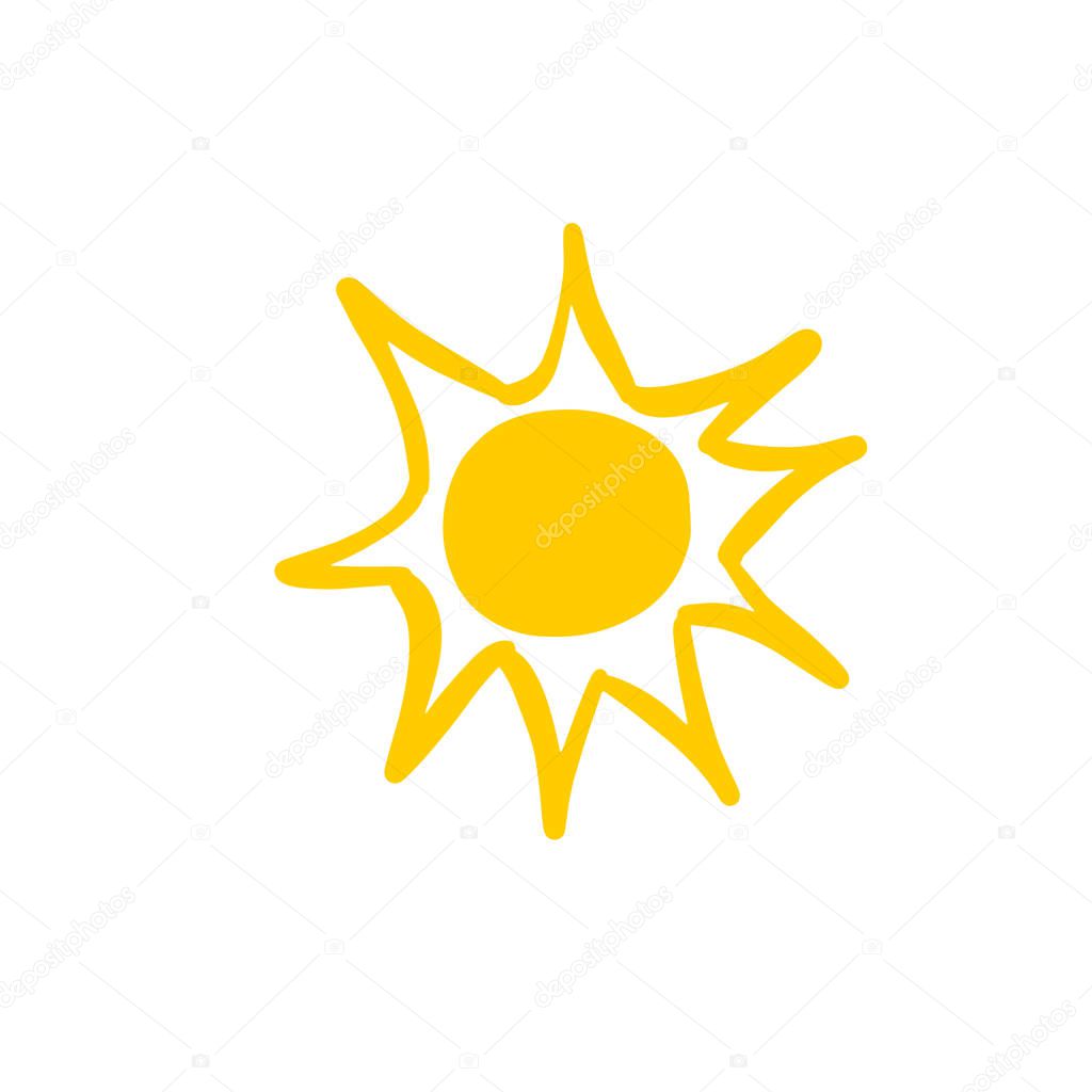 Hand drawn vector illustration of sun icon. Logo or business sign design. Yellow symbol isolated on white background