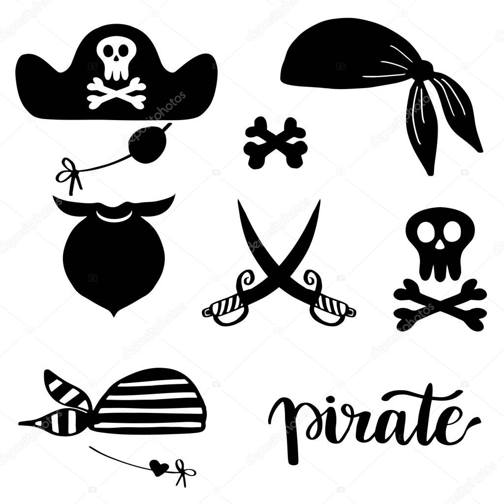 Pirates icons, signs and symbols set. Hat, beard man, sables, bandana, skull and crossbones, Vector doodle illustration isolated on white background