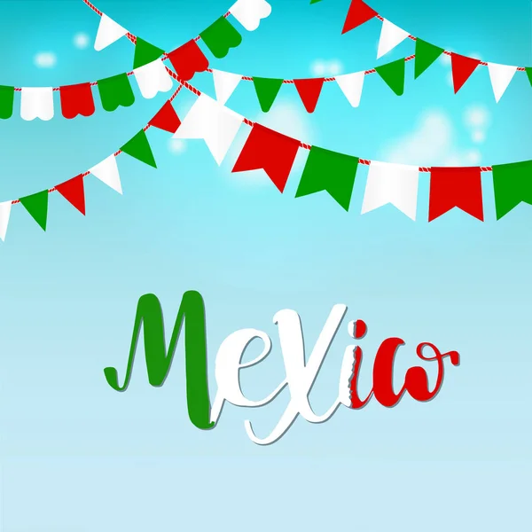 México lettering fundo com guirlandas e bandeira — Vetor de Stock