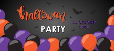 Cadılar Bayramı arka plan balon süslemeleri ile. Metin mutlu Cadılar Bayramı yazı ile vektör çizim. Parti davetiyesi kavramı geleneksel Violet, turuncu ve siyah renklerde. Hüner ya da muamele etmek kartı.