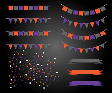 Cadılar Bayramı arka plan balon ve bayrak süsleme çelenk. Vektör çizim. Geleneksel renkler Parti Davetiyesi kavram. Metin için yer. Tatil menü tasarımı. Hediye ver yoksa karışmam.