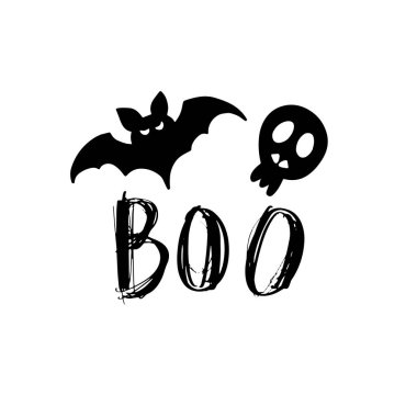 Mutlu Cadılar Bayramı kartı vektör çizim yarasa, kürek ve grunge yazı metin Boo. Hediye ver yoksa karışmam