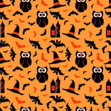 Dikişsiz desen Cadılar Bayramı öğeler ve simgeler siyah arka plan üzerine. Kullanılabilir dijital scrapbook kağıt, tekstil baskı, sayfa dolgu, tebrik kartları, posterler, Etiketler için. Vektör çizim