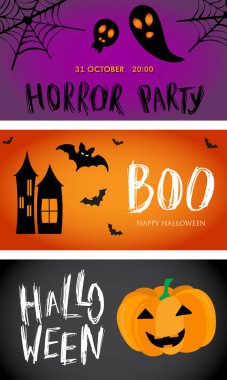 Üç Cadılar Bayramı yatay afiş kümesi. Vektör çizim