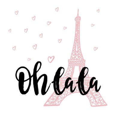 Oh la la harflerle ifade el ve Eifel Kulesi pembe. Vektör Fransızca kelime tipografik Illustration. Parşomen alıntı için tebrik kartları, tekstil tasarımı, scrapbooking