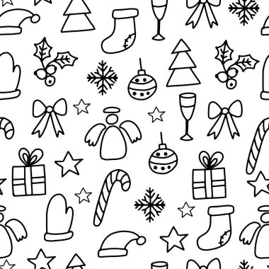 Vektör sorunsuz kış desen arka plan beyaz üzerine siyah doodle yılbaşı elemanları ile. Tekstil, ortak, scrapbooking, ambalaj, web ve baskı tasarımı için kullanılabilir