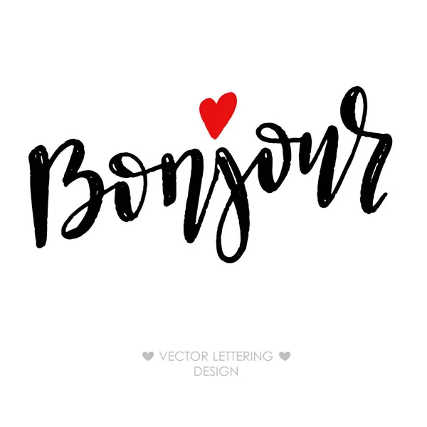 Bonjour Frase Con Letras Pequeño Corazón Rojo Hola Francés Ilustración — Archivo Imágenes Vectoriales