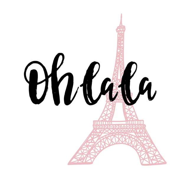 Mão Lettering Frase Torre Eifel Rosa Ilustração Tipográfica Vetorial Palavras — Vetor de Stock