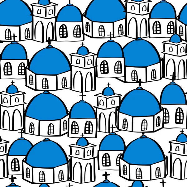 Santorini Famous Greece Island Seamless Pattern Bright Cartoon Buildings Houses — Stock Vector