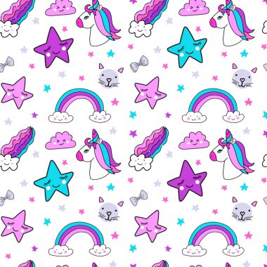 Tatlı parlak unicorn ve kız gibi öğeleri Dikişsiz desen arka plan.