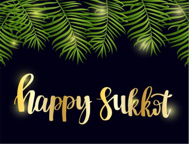 Metin çerçevesi yeşil palmiye ile yazı mutlu Sukkot elle çizilmiş siyah gece arka plan üzerinde bırakır. Yahudi geleneksel tatil. Tebrik kartı, kartpostal, davetiye için şablon. Vektör çizim