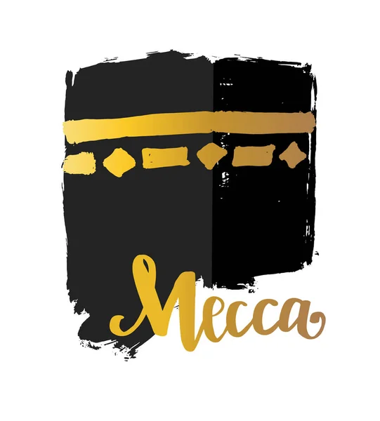 Pincel vectorial pintado símbolo islámico kaaba en La Meca. Icono para Hajj y Ramadán o Eid. Texto de letras La Meca — Archivo Imágenes Vectoriales