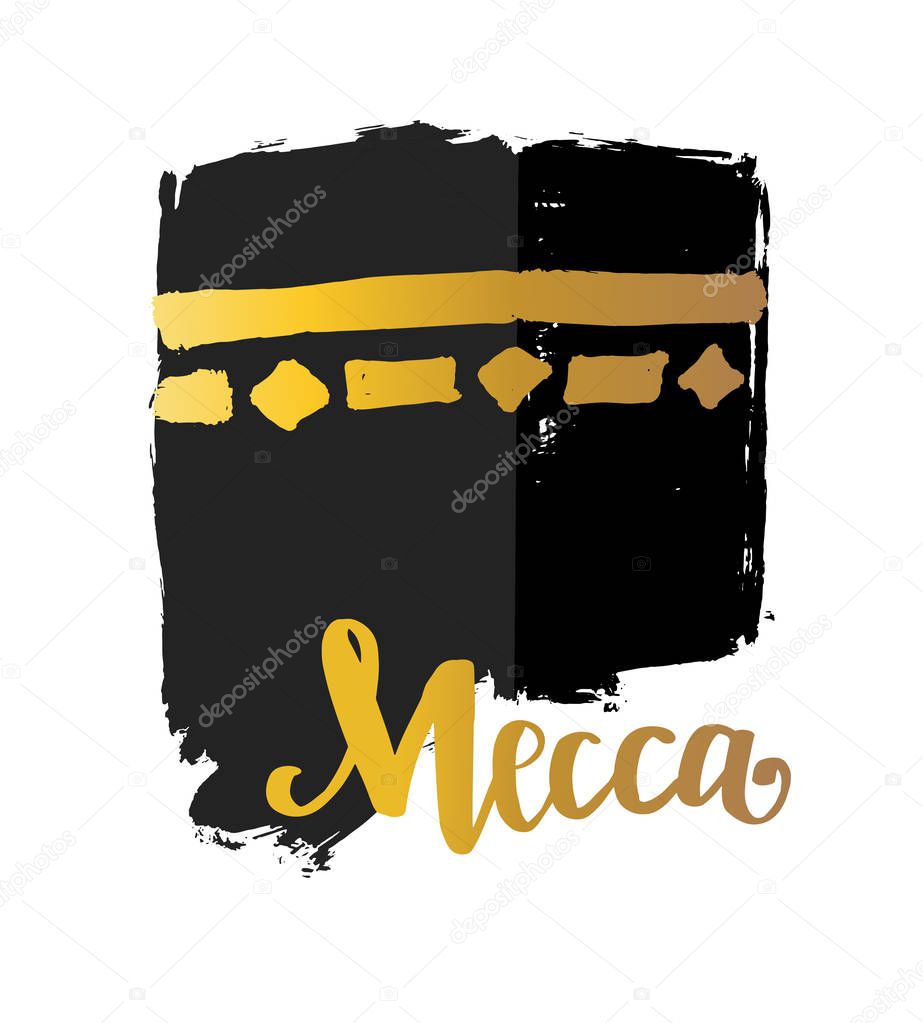 Vector brush painted Islamic symbol kaaba in Mecca. Icon for Hajj and Ramadan or Eid. Lettering text Mecca