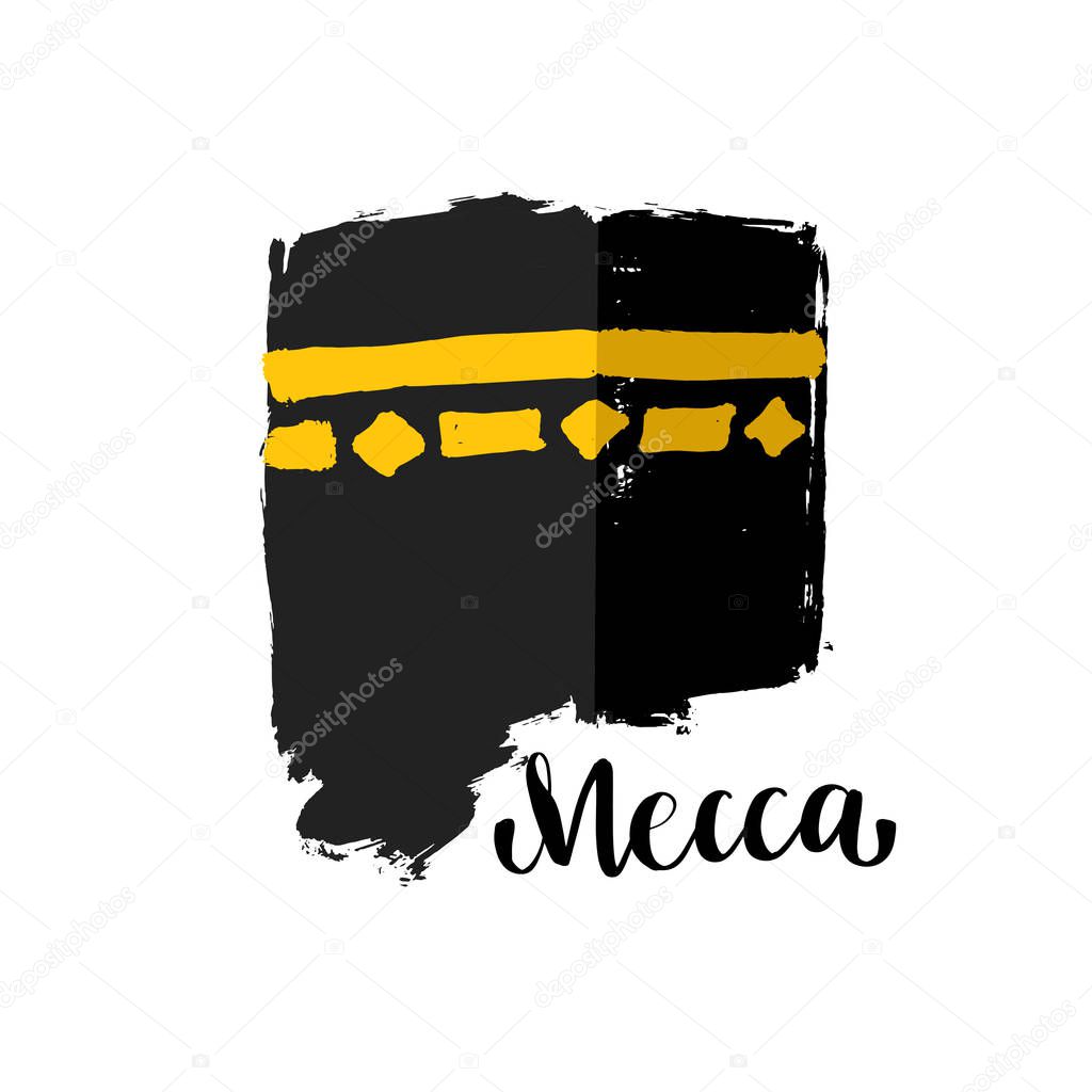 Vector brush painted Islamic symbol kaaba in Mecca. Icon for Hajj and Ramadan or Eid. Lettering text Mecca