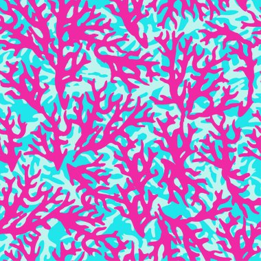 Neon Pembe deniz mavi arka plan üzerinde mercan ile seamless renkli modeli. Tekstil, ortak, scrapbooking, ambalaj, web ve baskı tasarımı için kullanılabilir