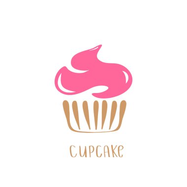 Beyaz arka plan üzerinde izole el çekilmiş pembe kremalı cupcake simgesi. Doodle vektör çizim.