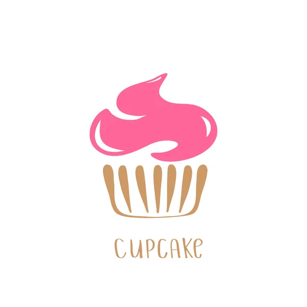 Hand Drawn Pink Cream Cupcake Icon Isolated White Background Doodle — Stock Vector