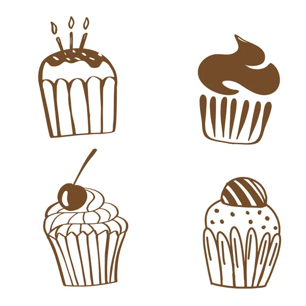 Vectorillustraties Van Snoepjes Set Van Verschillende Soorten Cupcakes Versierd Met — Stockvector