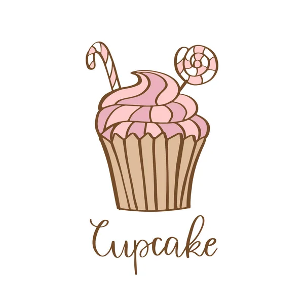 Cupcake Rosa Crema Disegnato Mano Vintage Con Icona Caramelle Isolato — Vettoriale Stock