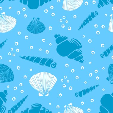 Taze yaratıcı soyut deniz seamless modeli. Mercanlar, deniz yıldızı, kabukları ve kabarcıklar ile Deniz hayat arka plan. Çizilmiş vektör çizim Tekstil ve diğer yazdırma için el